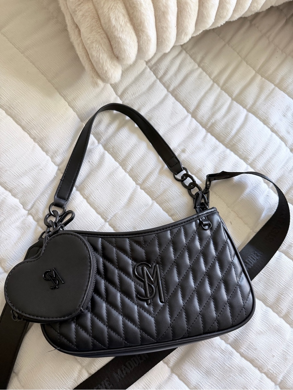 Steve Madden Black Quilted Mini Shoulder Bag with Heart Charm